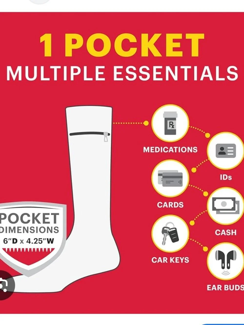 Pocket Socks Over The Calf Passport Security Zipper Pocket Socks NIP 1 Pair